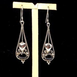 Black Onyx Sterling Silver Long Dangle Earrings Vintage 2 5/8”